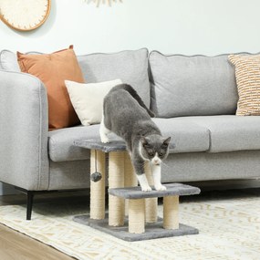 Escada ajustável para animais de estimação com 3 degraus, escada para gatos e cães, com arranhadores de sisal e bola, 52 x 34,5 x 54 cm, cinzenta