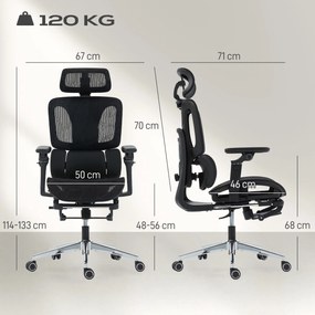 Cadeira de escritório ergonómica com braços 6D, encosto para a cabeça e profundidade do assento ajustáveis, 67 x 71 x 133 cm, preta