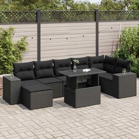 8 pcs conjunto sofás de jardim com almofadões vime PE preto