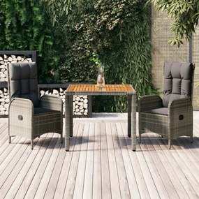 vidaXL 3 pcs conjunto de jantar p/ jardim c/ almofadões vime PE cinza