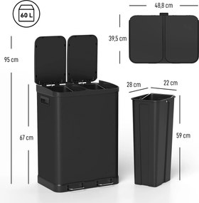 Caixote do lixo de cozinha 48,8 L x 39,5 l x 67 A cm com dois compartimentos de 2 x 30 L, com pedal em aço inoxidável e tampa com fecho suave, preto