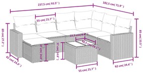 8 pcs conj. sofás jardim c/ almofadões vime PE cinzento-claro