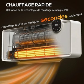 Aquecedor de parede em cerâmica 1000/2000 W, radiador elétrico, ventilador, termóstato, temporizador, 54 x 18,7 x 12,3 cm, branco