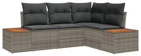 Conjunto de Sofá de Jardim com 4 Peças e Almofadas de Polirattan Cinza