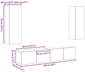 Conjunto de 4 Peças de Armário para TV Montado na Parede Carvalho Arte