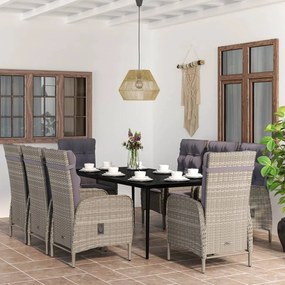9 pcs conjunto de jantar para jardim c/ almofadões cinza/preto