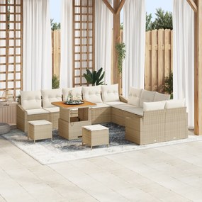 vidaXL Conjunto de Sofás de Jardim de 13 Peças com Almofadas Bege Rattan Acácia