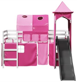 Cama alta para criança com torre 90x200 cm pinho maciço rosa