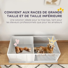 Caixa de parto para cães e cachorros, parque de parto para cães com porta de altura ajustável 166 x 80 x 50 cm, branco