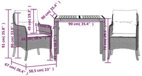 3 pcs conjunto de jantar p/ jardim c/ almofadões vime PE preto