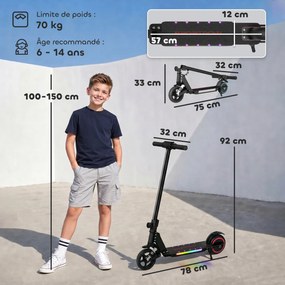 Trotinete Elétrica Dobrável para Crianças, 78 x 32 x 92 cm, Velocidade Máxima de 14 km/h, Preto
