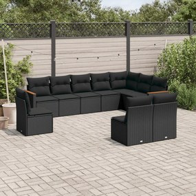 10 pcs conjunto sofás de jardim c/ almofadões vime PE preto