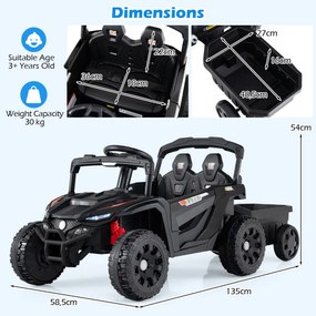 Carro eletrico para crianças 12V com reboque destacável a bateria com 3 velocidades Luzes LED Música Preto