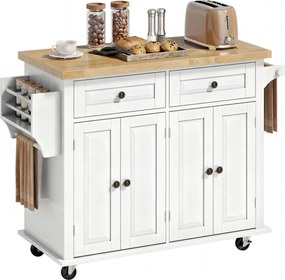 HOMCOM Ilha de Cozinha com Rodas 2 Gavetas 4 Portas Suporte para Temperos e Barra Lateral 111x44,5x82,5cm Branco e Madeira | Aosom Portugal