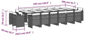 17 pcs conj. de jantar p/ jardim c/ almofadões vime PE cinzento
