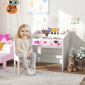 Conjunto de Secretária e Cadeira para Crianças com Gaveta Amovível e Compartimento para Dormitório Sala de Jogos Rosa e Branco