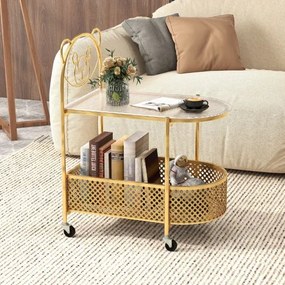 Mesa de centro de vidro móvel Mesa de apoio moderna de 2 níveis com padrão de urso Rodas de cesto de metal para sala de estar Dourada