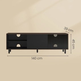 Móvel de TV moderno 140 x 39 x 45 cm, montagem rápida sem ferramentas com vidro estriado castanho-preto