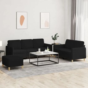 3 pcs conjunto de sofás com almofadões tecido preto