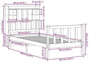 Cama com estante sem colchão 90x190cm pinho maciço castanho-mel