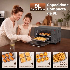 Mini Forno Elétrico 9 L de Bancada 750 W com Temperatura Ajustável e Temporizador 35x24,6x20 cm Cinza