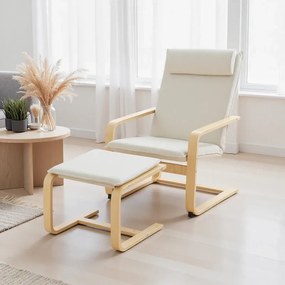 Poltrona com Otomano Poltrona de Leitura com Pernas de Madeira e Estofado em Linho 67x78x92 cm Creme