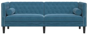 Sofá chesterfield com rolos 3 lugares veludo azul