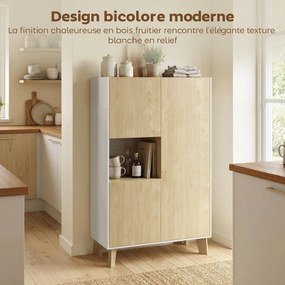 Aparador de sala 80 x 40 x 135 cm, móvel de arrumação com 6 compartimentos e portas com fecho amortecido, branco e cor natural