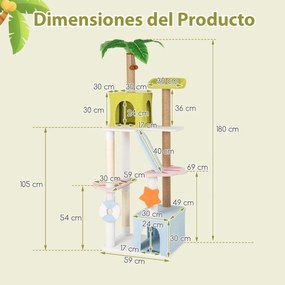 Arranhador para gatos de 180 cm Tema de praia multinível com 2 postes para arranhar Plantas artificiais Brinquedos Multicolorido