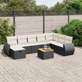 9 pcs conjunto de sofás p/ jardim c/ almofadões vime PE preto