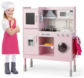 Cozinha de madeira para crianças a partir dos 3 anos com exaustor Máquina de gelo Telefone 16 acessórios Sons Luzes reais Rosa