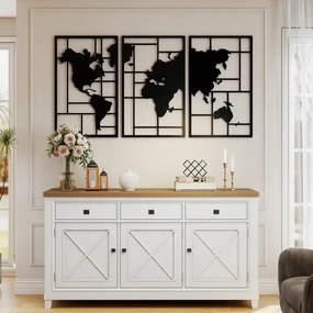 Decoração de Parede em Metal com Mapa Múndi Conjunto de 3 Peças Quadros de Parede Metálicos Preto