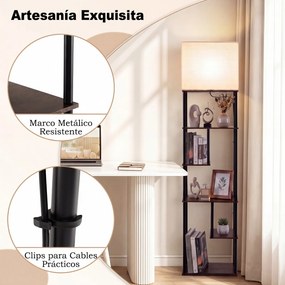 Candeeiro de pé industrial com 5 estantes abertos escalonados 40 x 29 x 172 cm, abajur de linho, Estrutura metálica e casquilho E27 para sala de estar