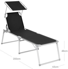 Espreguiçadeira jardim grande XXL 65 x 200 x 48 cm carga até 150 kg com pala de sol Preta