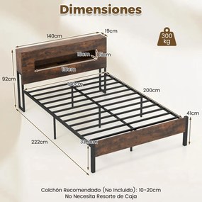 Estrutura Cama 200 x 140 cm com luzes LED (COLCHÃO NÃO INCLUIDO), cabeceira com espaço de armazenamento, tomadas elétricas e estrado de ripas Castanho