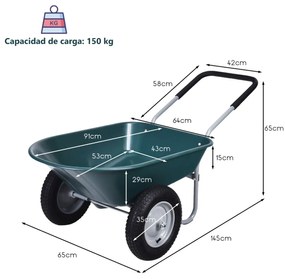 Carrinho de Mão com 2 Rodas de Jardim Carrinho de Aço Robusto e Rodas Pneumáticas 35 cm Grande Capacidade de Carga  145 x 65 x 65 cm Verde