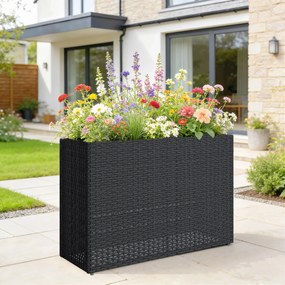 Floreira elevada em resina trançada 76 x 23 x 28 cm, suporte para flores com tabuleiro removível e pés ajustáveis preta
