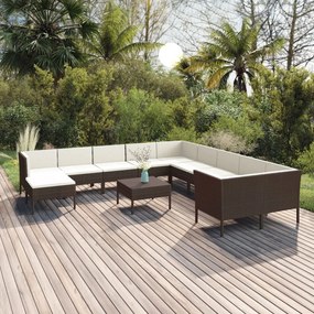 vidaXL 12 pcs conjunto lounge jardim c/ almofadões vime PE castanho