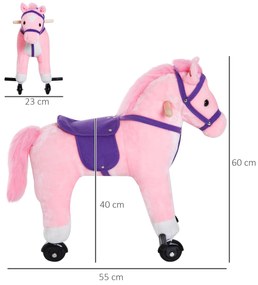 Cavalo para Crianças acima de 36 Meses com Rodas Sons de Relinchar e Pedais Carga 60 kg 55x23x60 cm Rosa