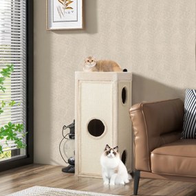 Casa para gatos com 3 cavernas e 3 esconderijos 40 x 40 x 99 cm, painéis para arranhar em sisal, cama superior com almofada removível e barril para ar