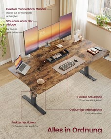 Secretária elétrica com altura ajustável, suporte para monitor e USB 160 x 80 x (72-120) cm castanho vintage