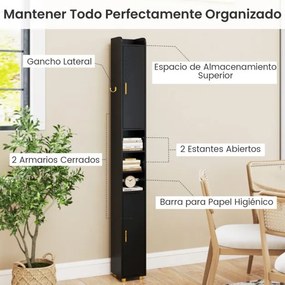 Armário Casa de Banho alto 20 x 20 x 179 cm com prateleiras ajustáveis e portas com gancho lateral e barra para papel higiênico Castanho