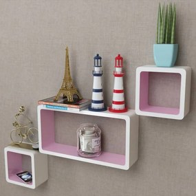 Conjunto 3 prateleiras/cubos de parede, MDF, branco-rosa
