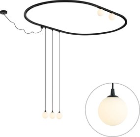 Sistema de iluminação de trilho oval moderno preto com 3 luzes pendentes e 2 luzes de teto brancas monofásico - Iconic Perle