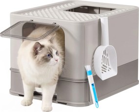 Caixa de areia gatos com gaveta, caixa de areia em aço inoxidável 54,3 x 42,5 x 37,8 cm, 2 entradas Cinzento