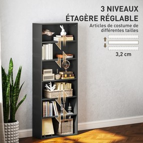 Estante de arrumação 60 x 24 x 158,5 cm com 6 níveis e prateleiras ajustáveis para sala de estar, quarto, escritório, preta