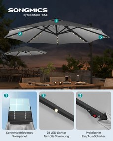 Guarda-sol jardim Ø 300 cm com luzes LED solares UPF 50+ rotativo 360º com base cruzada (SEM PESOS) Cinzento