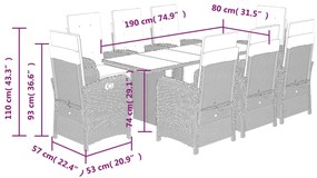 9 pcs conjunto de jantar p/ jardim c/ almofadões vime PE cinza