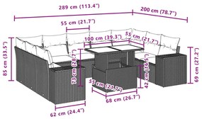 10 pcs conjunto sofás de jardim c/ almofadões vime PE cinzento