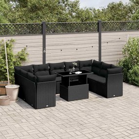 10 pcs conjunto sofás de jardim c/ almofadões vime PE preto